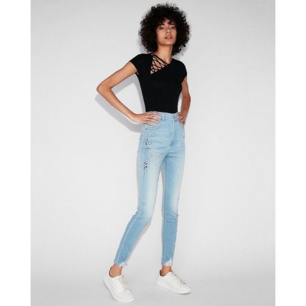 Express High Waisted Embellished Jean Legging 2 - Picture 3 of 5